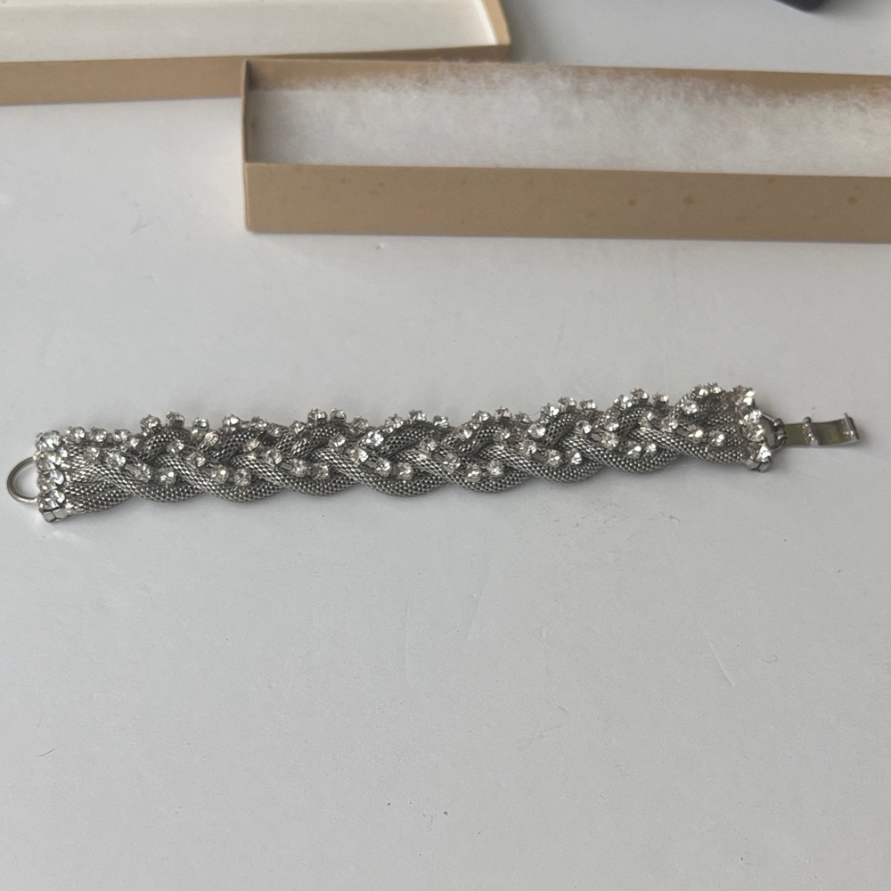 Silver-tone braided twisted mesh rhinestone bracelet